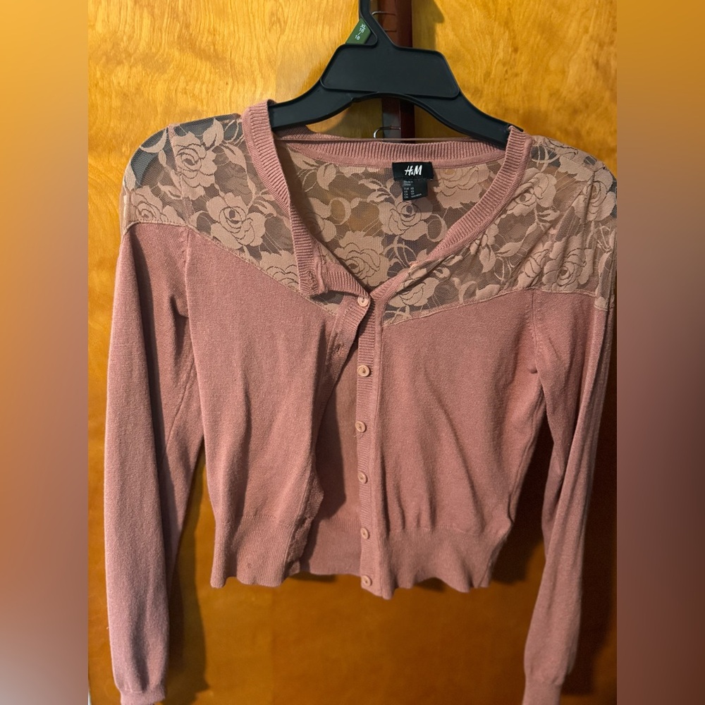 H&M Dusty Rose Cardigan with Floral Lace